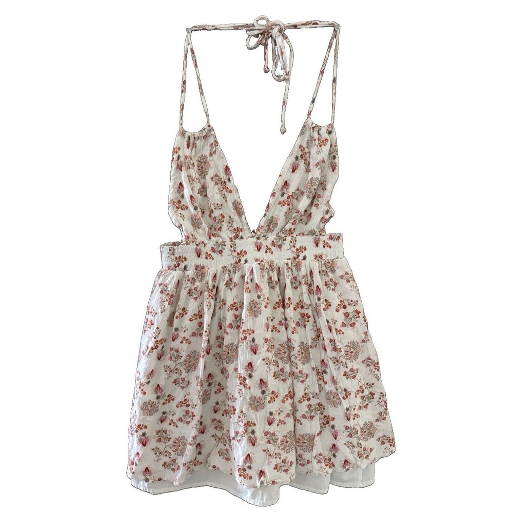 Y2K Floral Smocked Babydoll Mini Skater Dress Flared 90s Size S Fairy Boho Chic